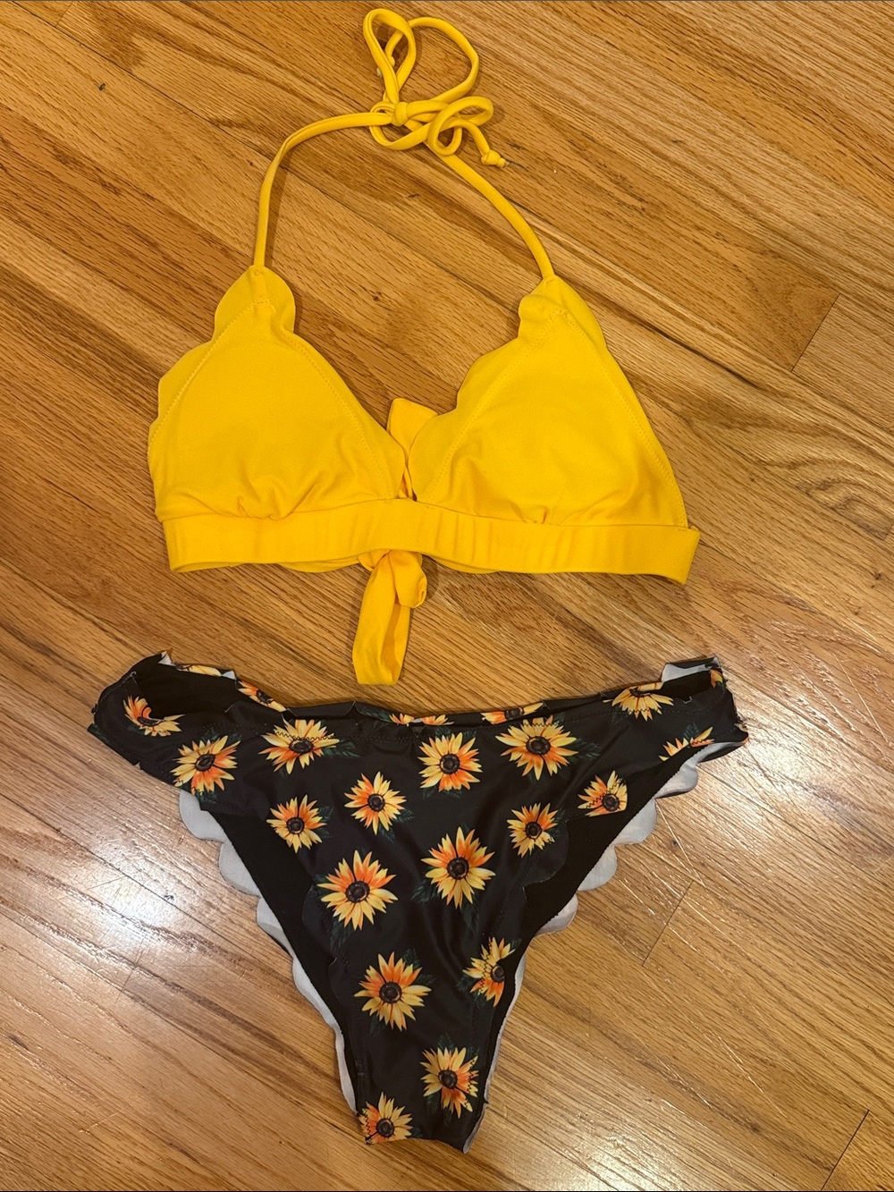 Yellow Scalloped Bikini with Sunflower Print Bottom